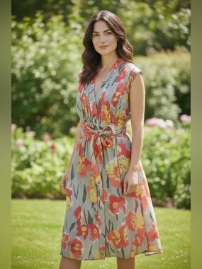 Evan-Picone Coral & Yellow Floral V-Neck Tie-Waist Midi Dress